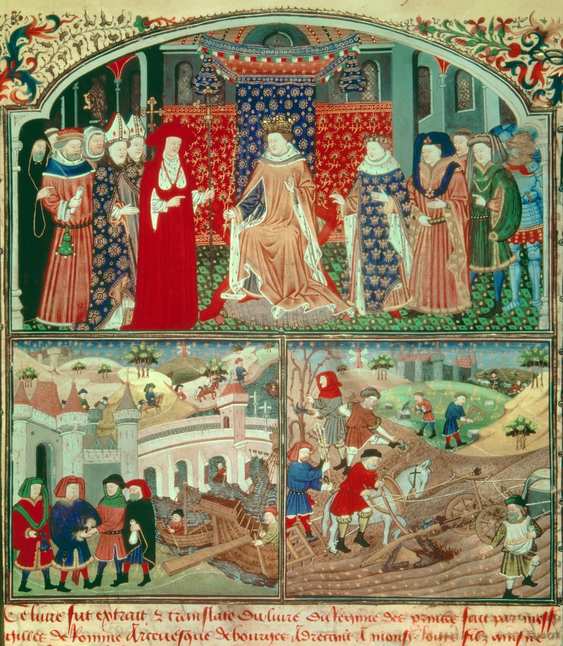 Philippe the Bel trunant (1268-1314) ze sceną orki i sceną kupiecką. Miniatura w „Livre du régime des princes” Gillesa de Rome (v.1247-1316), Paryż, B N autorstwa Unknown artist