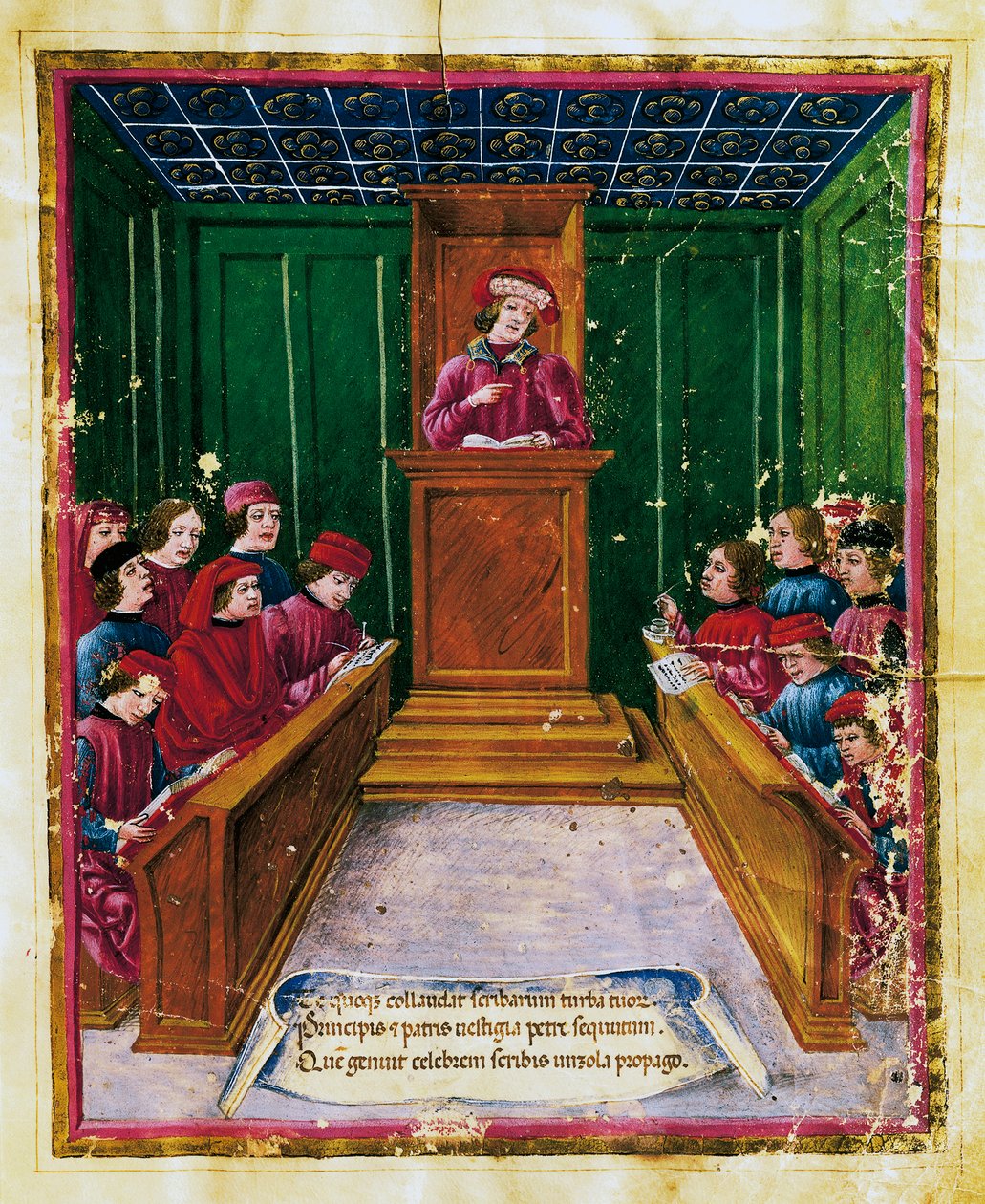 Pietro da Unzola wykłada tekst prawniczy studentom podczas wykładu prawniczego na Uniwersytecie Bolońskim, Miniatura z rękopisu Liber iurium et privilegiorum notariorum Bononiae, Włochy autorstwa Unknown artist