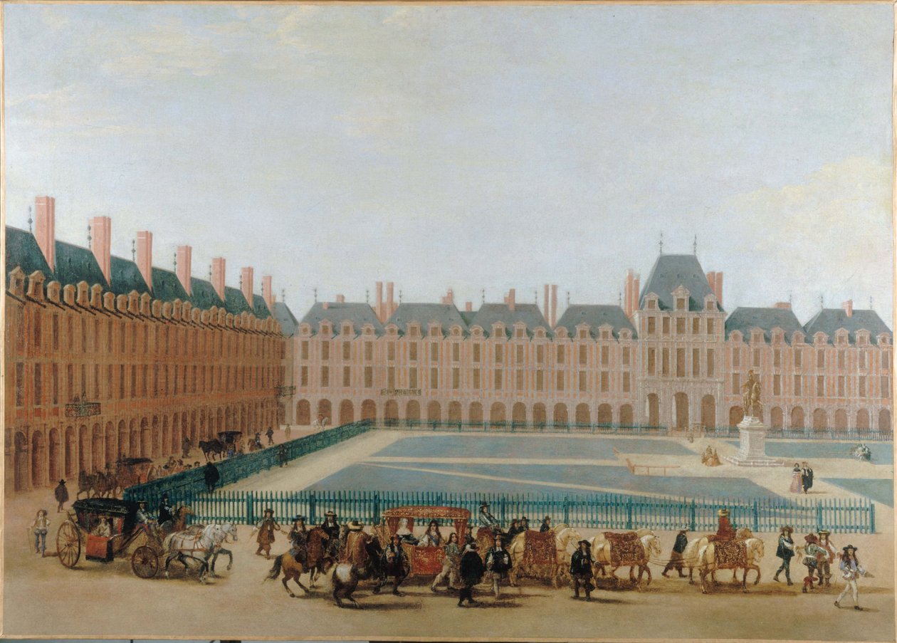 Place Royale, około 1660 r.; przejazd powozu królewskiego. Obecny Place des Vosges, 4. dzielnica, około 1655-1665 (olej na płótnie) autorstwa Unknown artist