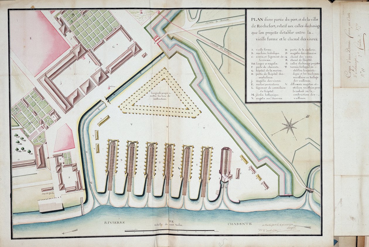 Plan części portu i miasta Rochefort w odniesieniu do proponowanych torów osiowych między starą formą a kanałem spożywczym autorstwa Unknown artist