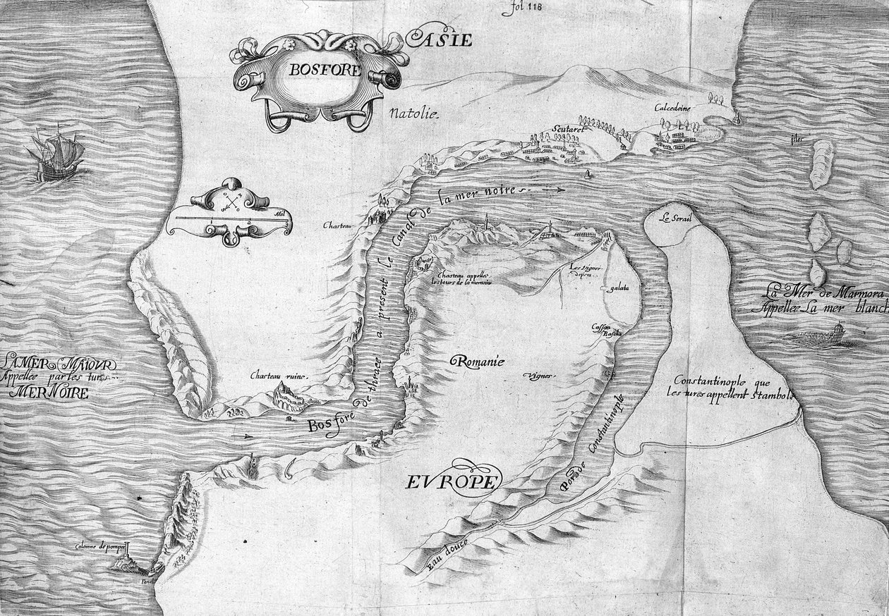 Plan przedstawiający Cieśninę Konstantynopolitańską (obecnie Cieśninę Bosfor (Bosfor) - w „Podróży de levant dokonanej z rozkazu króla w roku 1621”, redagowanej w 1629 r. (za panowania Ludwika XIII Le Juste) autorstwa Unknown artist