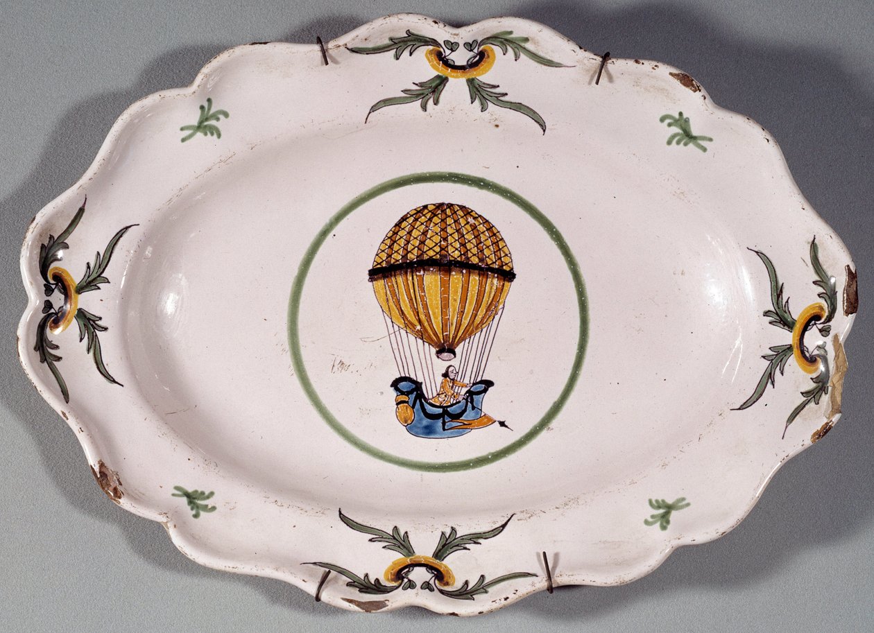 Tabliczka w dekorze fajansowym z przedstawieniem wzlotu balonem. Kolekcja prywatna z XVIII wieku autorstwa Unknown artist