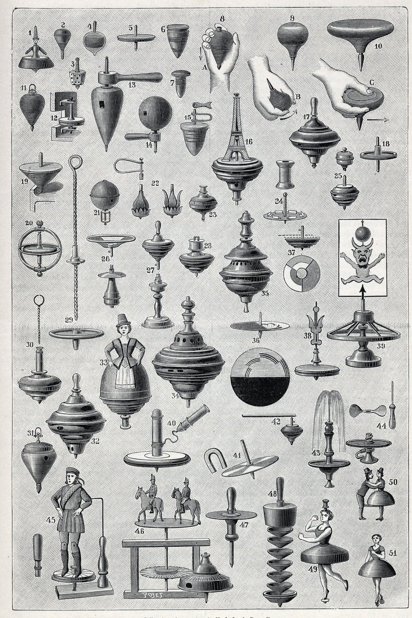 Tabliczka przedstawiająca kolekcję błystek o różnych kształtach i systemie rotacji. Grawerowanie w „”La Nature”” autorstwa Unknown artist
