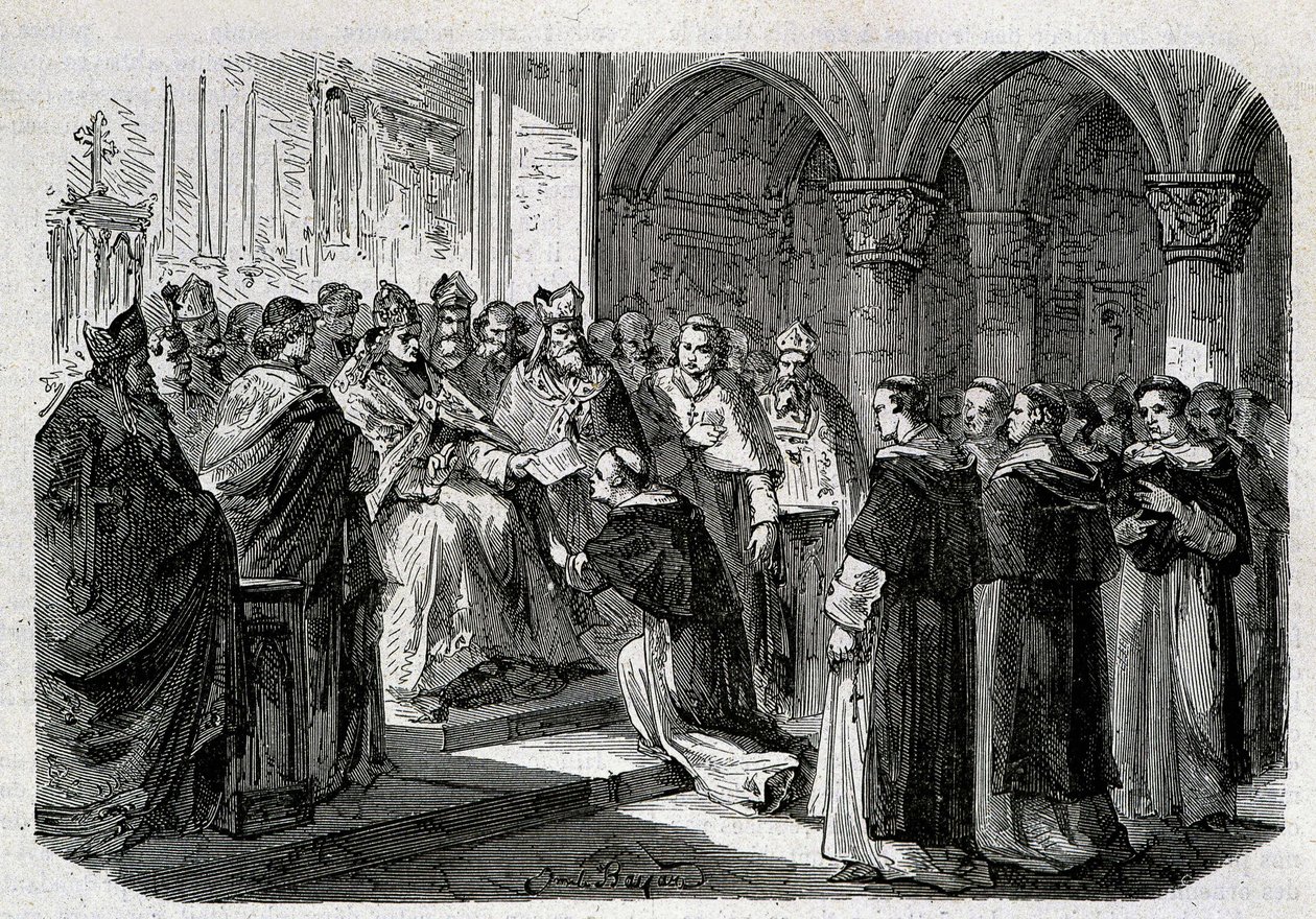 Papież Adrien II (792-872) przekazał jednemu ze swoich legatów bańkę ekskomuniki przeciwko Lordowi Normandowi. Grawerunek - w „Historii Papieży”, sd. 19 wiek. autorstwa Unknown artist