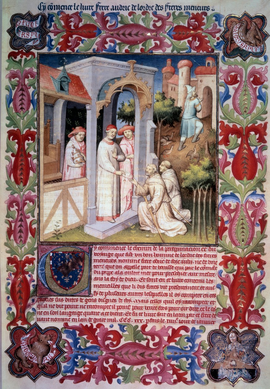 Papież Jan XXII powierza Odoricowi z Pordenone (franciszkańskiej) misję ewangelizacji Morza Zamorskiego. Mężczyźni prowadzący kuropatwy do Trabzonu. Broń i emblemat Jean Bez lęków. Broń Jeana de Berry. Miniatura w „Itinerarium”. Księga Cudów”, autorstwa Unknown artist