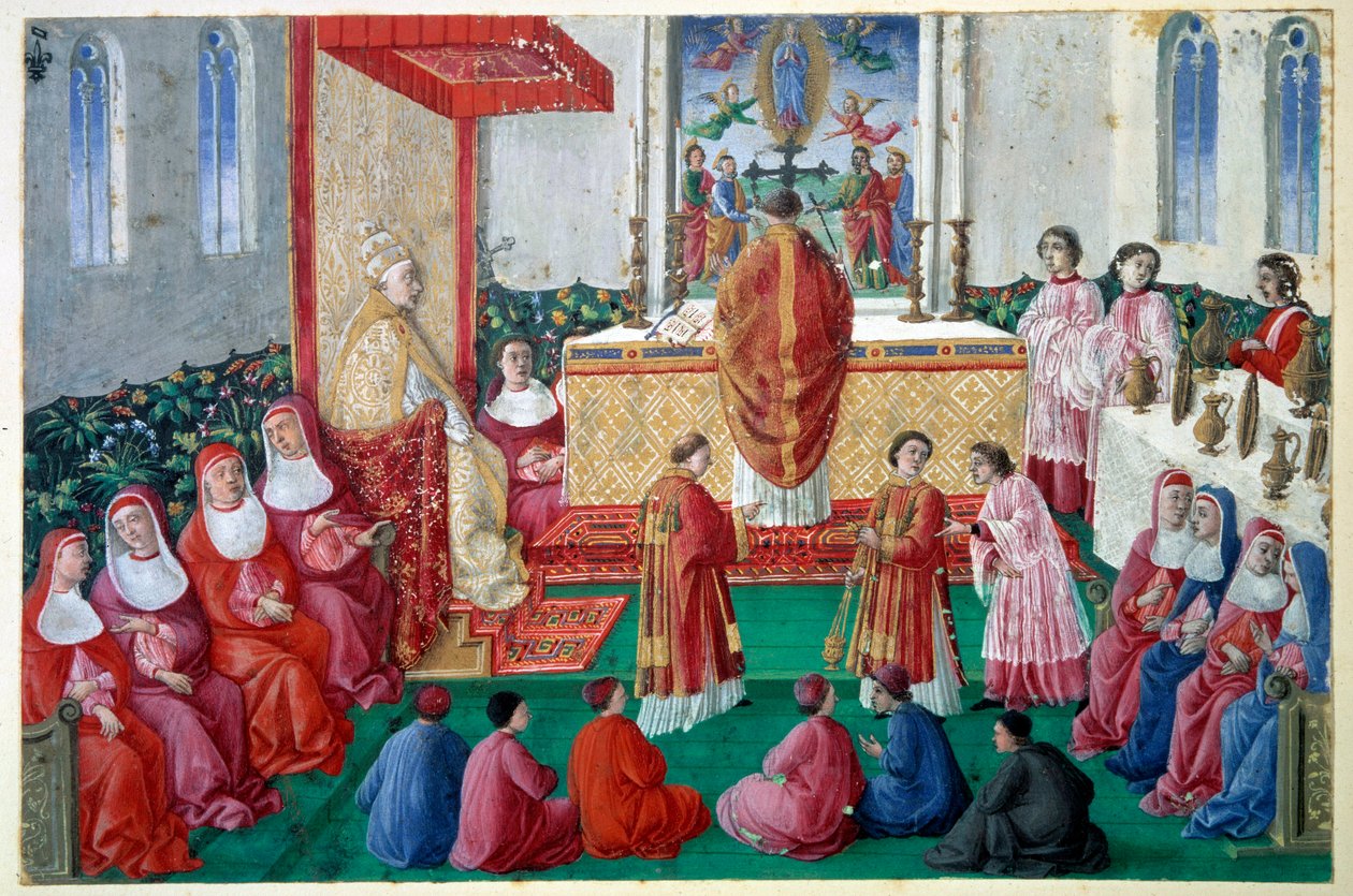 Papież Sykstus IV (1414-1484) uczestniczy we Mszy Świętej w Kaplicy Sykstyńskiej w Watykańskim Miniaturowym decoupee z XV wieku. Słońce 0,1x0,16 m Chantilly, musee Conde autorstwa Unknown artist