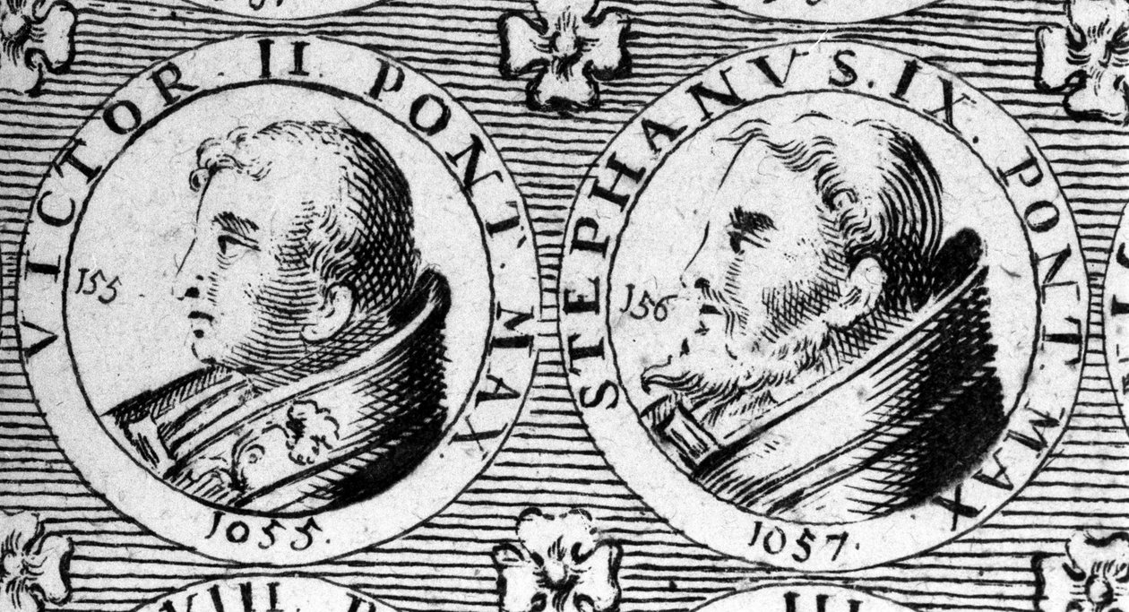 Papieże Wiktor II (lub Wiktor 2 zm. 1057) i Stefan IX (lub Stefan 9 zm. 1058). Rycina z XVIII wieku. autorstwa Unknown artist
