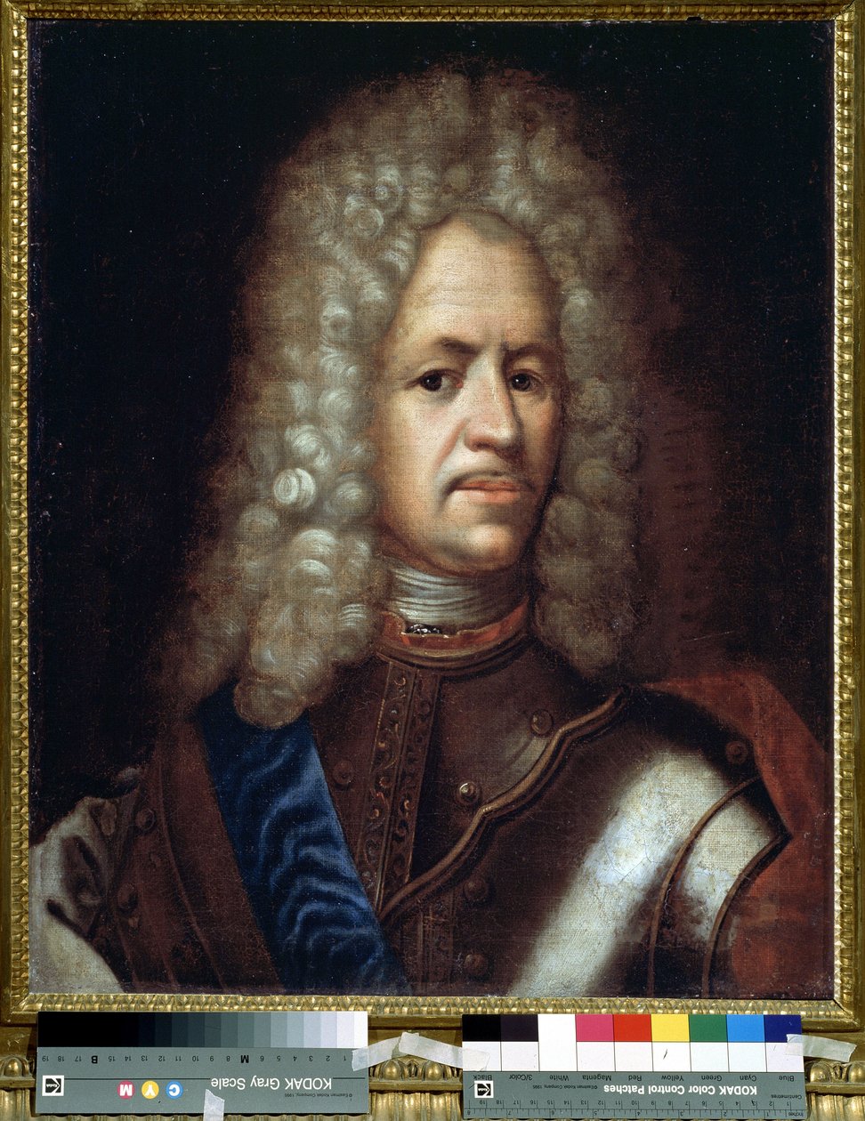 Portret Aleksandra Daniłowicza Mienszykowa, generalissimona, księcia Świętego Cesarstwa Rzymskiego i księcia Węgier (1673-1729). Anonimowe malowanie. Olej na płótnie, 61 x 50 cm, ok. 1720. Sztuka rokoko. Państwowe Muzeum Historyczne w Moskwie. autorstwa Unknown artist