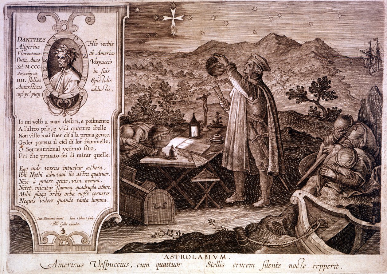 Portret Amerigo Vespucciego (1454 - 1512), włoskiego nawigatora, przedstawiony podczas korzystania z astrolabium. W pudełku po lewej stronie znajduje się portret Dantego Alighieri oraz fragment pierwszej pieśni o czyśćcu Boskiej Komedii. Grawerowanie XVIII autorstwa Unknown artist