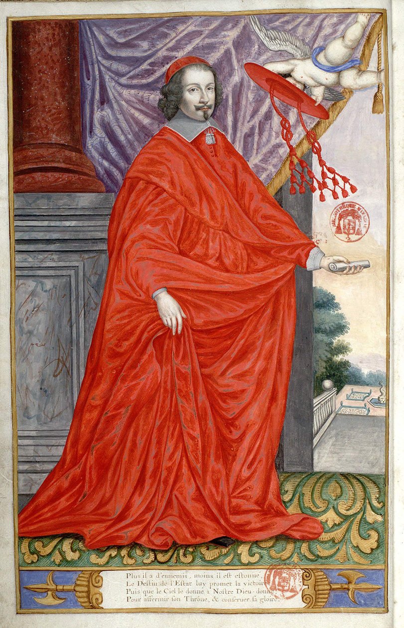 Portret kardynała Julesa Mazarina (Giulio Raimondo Mazzarino lub Mazarino) (1602-1661). Portret namalowany na welinie w Jean Puget de La Serre, panegiryk wybitnych ludzi naszych czasów. 1655 autorstwa Unknown artist
