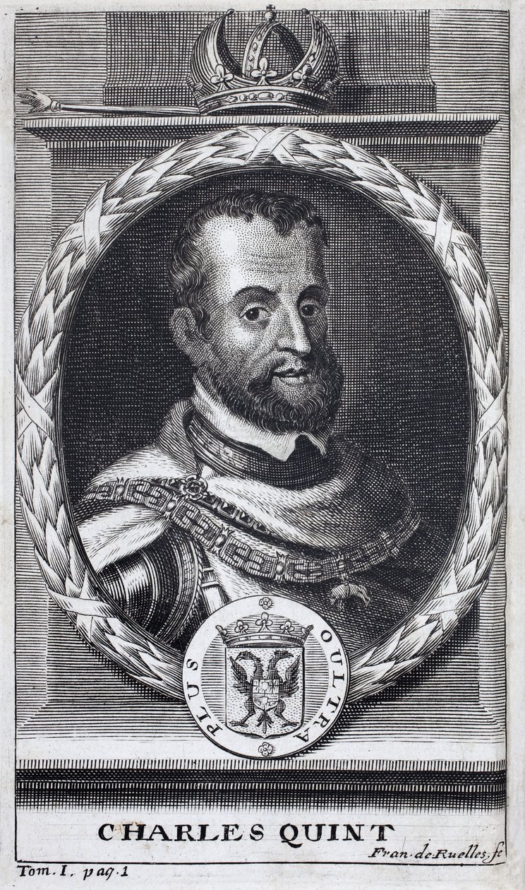 Portret Karola V (1500-1558), króla Hiszpanii i Ameryki hiszpańskiej, króla Sycylii i cesarza germańskiego Świętego Cesarstwa Rzymskiego (1519-1556). Grawerowanie ilustrujące „Historię wojny o Flandrię” Flamianusa Strady, wydanie Joseph T