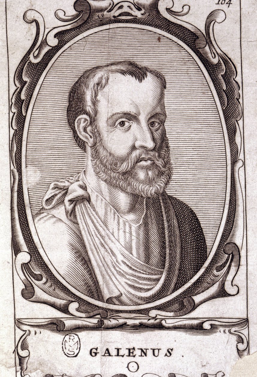 Portret Claude Galien (Klaudios Galenos lub Claudio Galeno lub Claudius Galenus lub Galen, t. 131 - t. 201), greckiego lekarza. Grawerowanie XVIII wieku. autorstwa Unknown artist