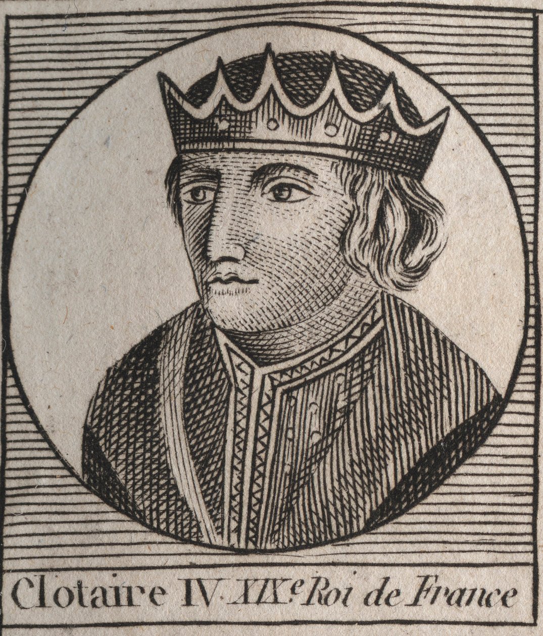 Portret Clothaire (Clothaire) IV (ok. 685-719), króla Franków Austrazji od 717 do 719 - Chlothar IV (lub Chlotar) król Franków - rycina z „Instruction sur l