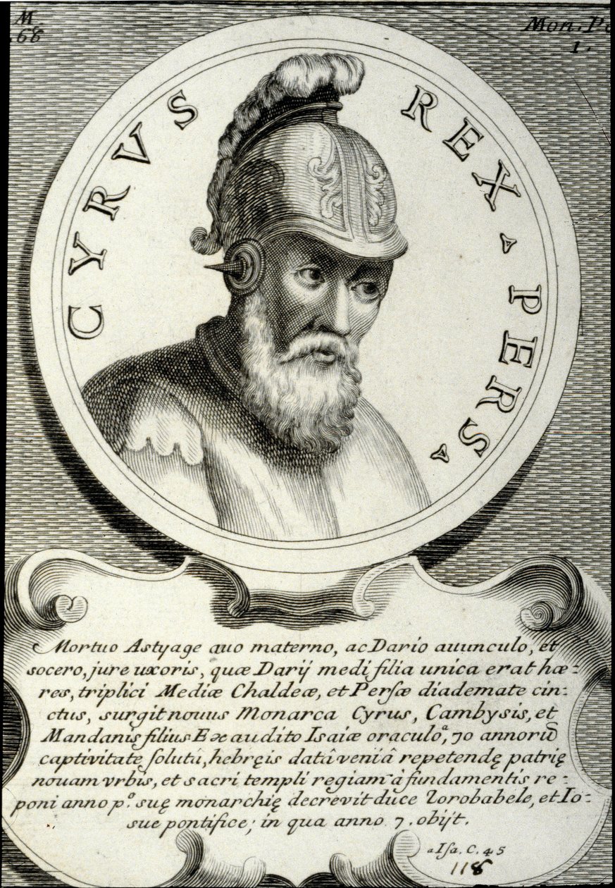 Portret Cyrusa II (ok. 559-529 pne) zwanego Cyrusem Wielkim, założyciela Imperium Perskiego. Rycina XVIII-wiecznej kolekcji prywatnej autorstwa Unknown artist