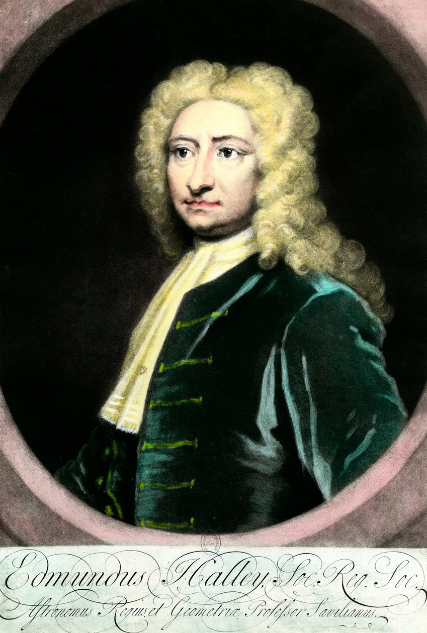 Portret Edmonda (Edmunda) Halleya (1656-1742), brytyjskiego astronoma”” Rycina XVIII-wiecznej Collection Particuliere autorstwa Unknown artist