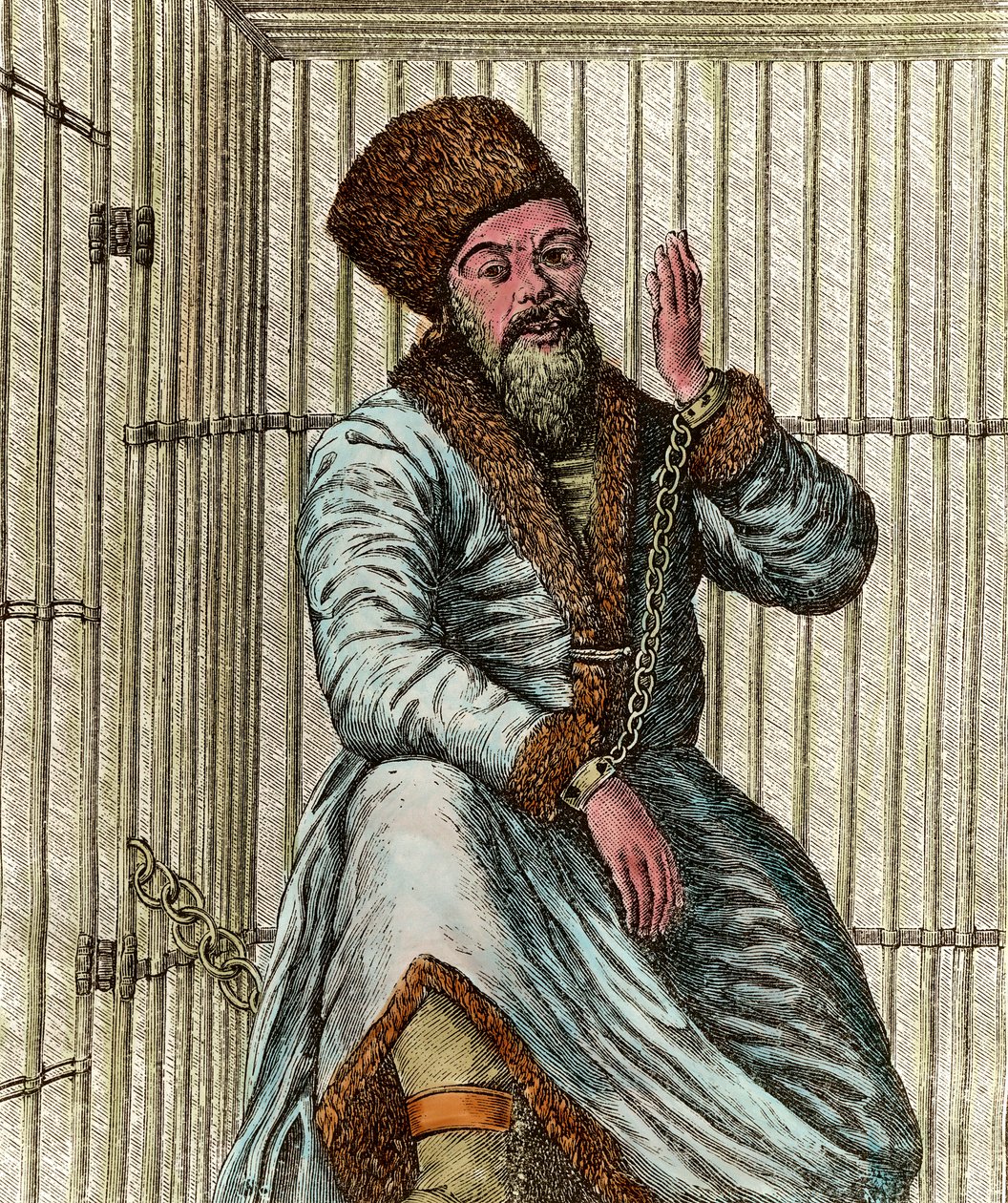 Portret Emeliana Iwanowicza Pugaczowa (Jemeliana lub Emiliana Pugaczowa) (1742-1775), przywódcy kozackiego podczas rosyjskiej wojny chłopskiej w latach 1773-1775 (Żakerie Kozaków Jaickich), uwięzionego w swojej klatce i ukazuje lud autorstwa Unknown artist