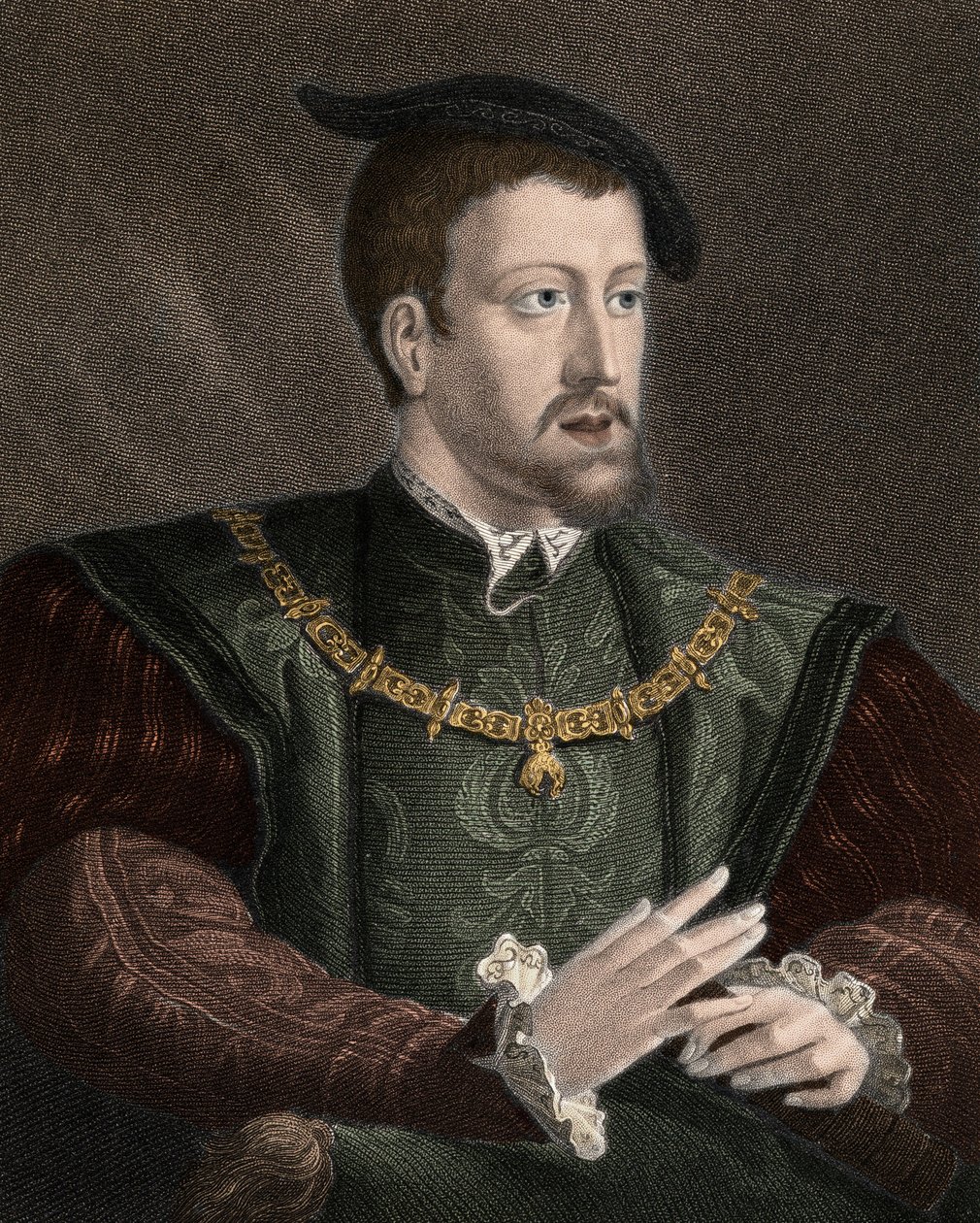 Portret cesarza Karola V (1500-1558) z naszyjnikiem Orderu Złotego Runa - Karol V (1500-1558) noszący na szyi łańcuch Orderu Złotego Runa - rycina - XIX wiek autorstwa Unknown artist