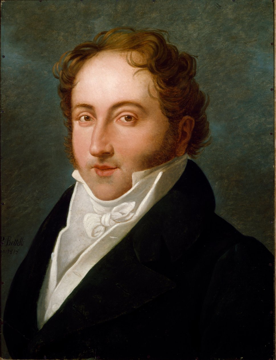 Portret Gioachino (Gioacchino) Rossiniego (1792-1868), włoskiego kompozytora Malarstwo anonimowe. 1818 Bolonia, Miejskie Muzeum Bibliograficzne Muzyczne - Portret Gioacchino Rossiniego (1792-1868), włoskiego kompozytora. Anonimowy obraz 1818. Civico Museo  autorstwa Unknown artist