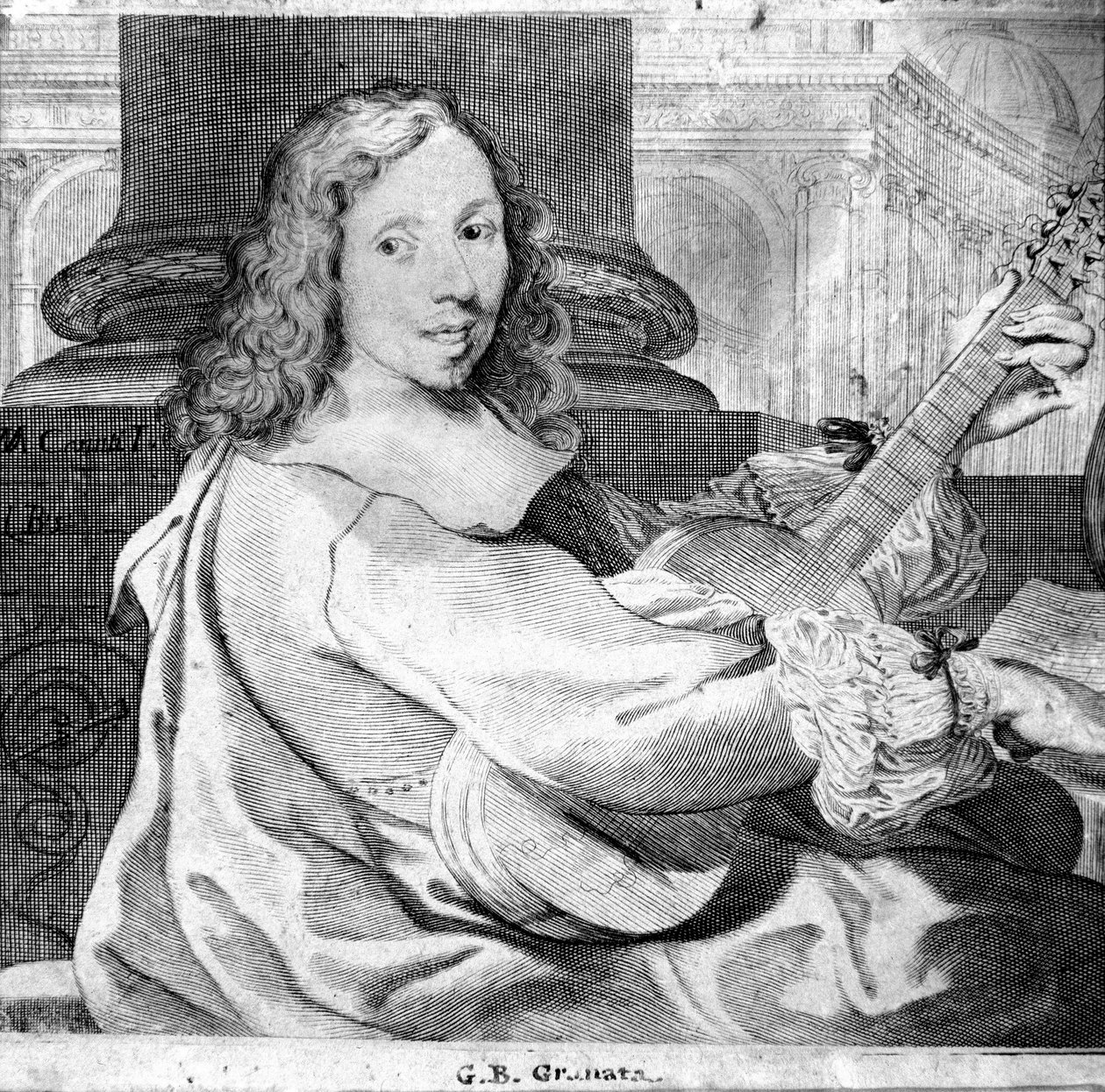 Portret Giovanniego Battisty Granaty (1620 / 21-1687) włoskiego gitarzysty i kompozytora Grawerowanie. Bolonia, miejskie muzeum muzyki autorstwa Unknown artist