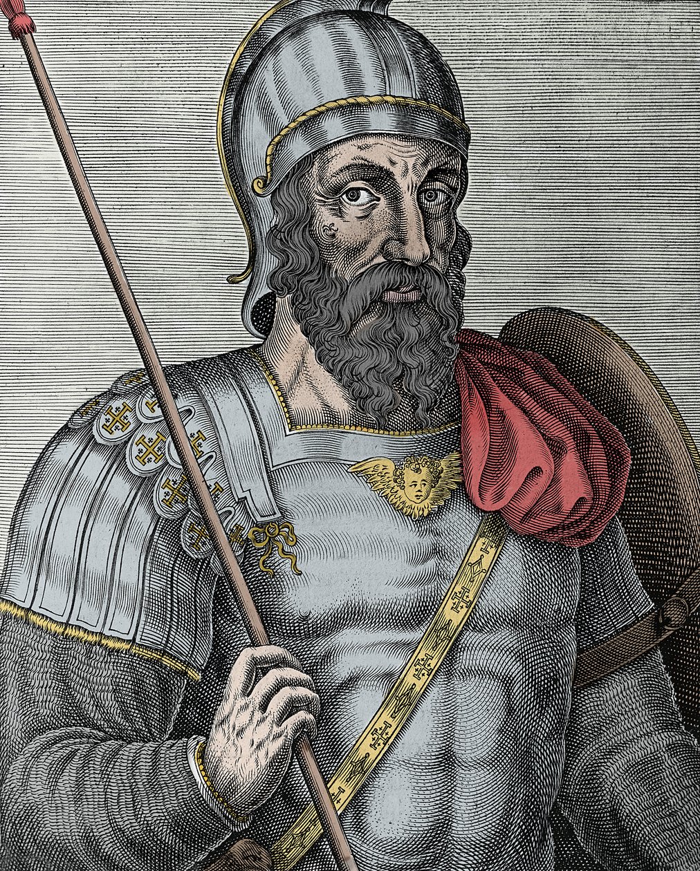 Portret Godfreya z Bouillon (Godefroy de Bouillon) (1040/61-1100), rycerza frankońskiego, jednego z przywódców pierwszej krucjaty - Rycina XVI wiek autorstwa Unknown artist