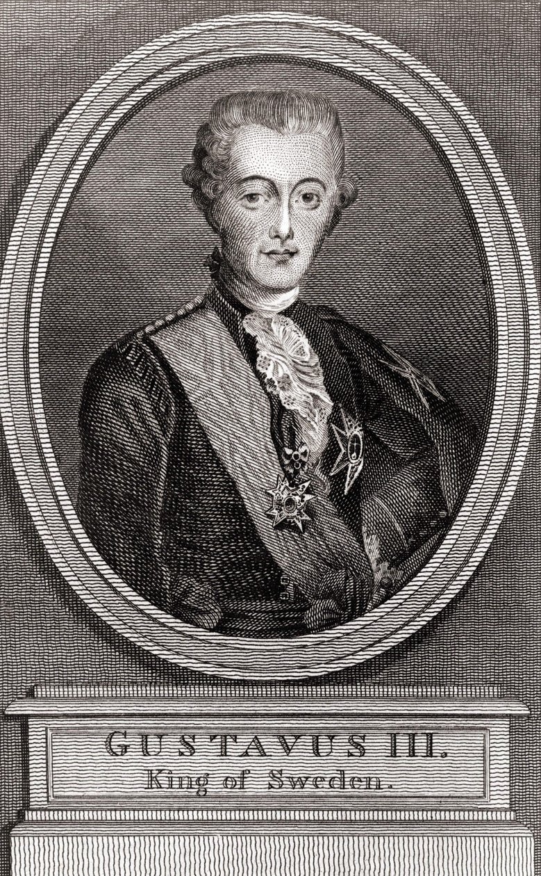 Portret Gustawa III (1746-1792), króla Szwecji od 1771 do 1792 rycina z 1787 r. „Zbiór Żołnierzy minionych lat” autorstwa Unknown artist