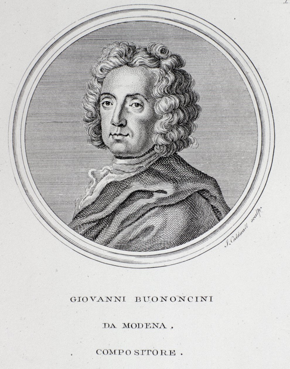 Portret włoskiego kompozytora barokowego i wiolonczelisty Giovanniego Battisty Bononciniego (1670-1747) Grawer. 18 wiek. Bolonia, obywatelskie muzeum bibliograficzne autorstwa Unknown artist