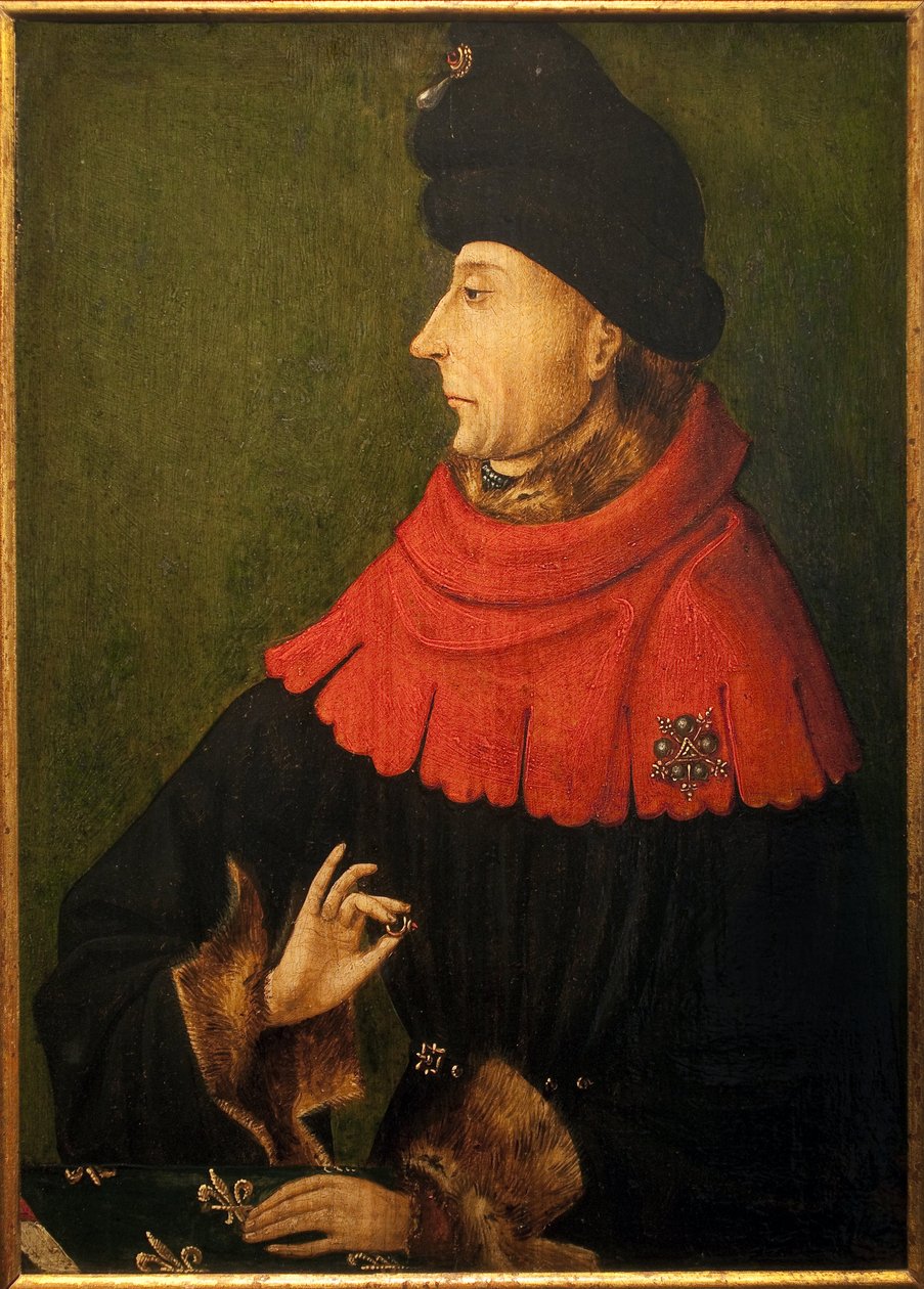 Portret Jeana Sans peur, księcia Burgundii (1371-14119). Pierścień, który trzyma w dłoni, to rubin burgundzki kupiony przez Filipa Hardiego w 1397 roku, który zachował się w opactwie św. autorstwa Unknown artist