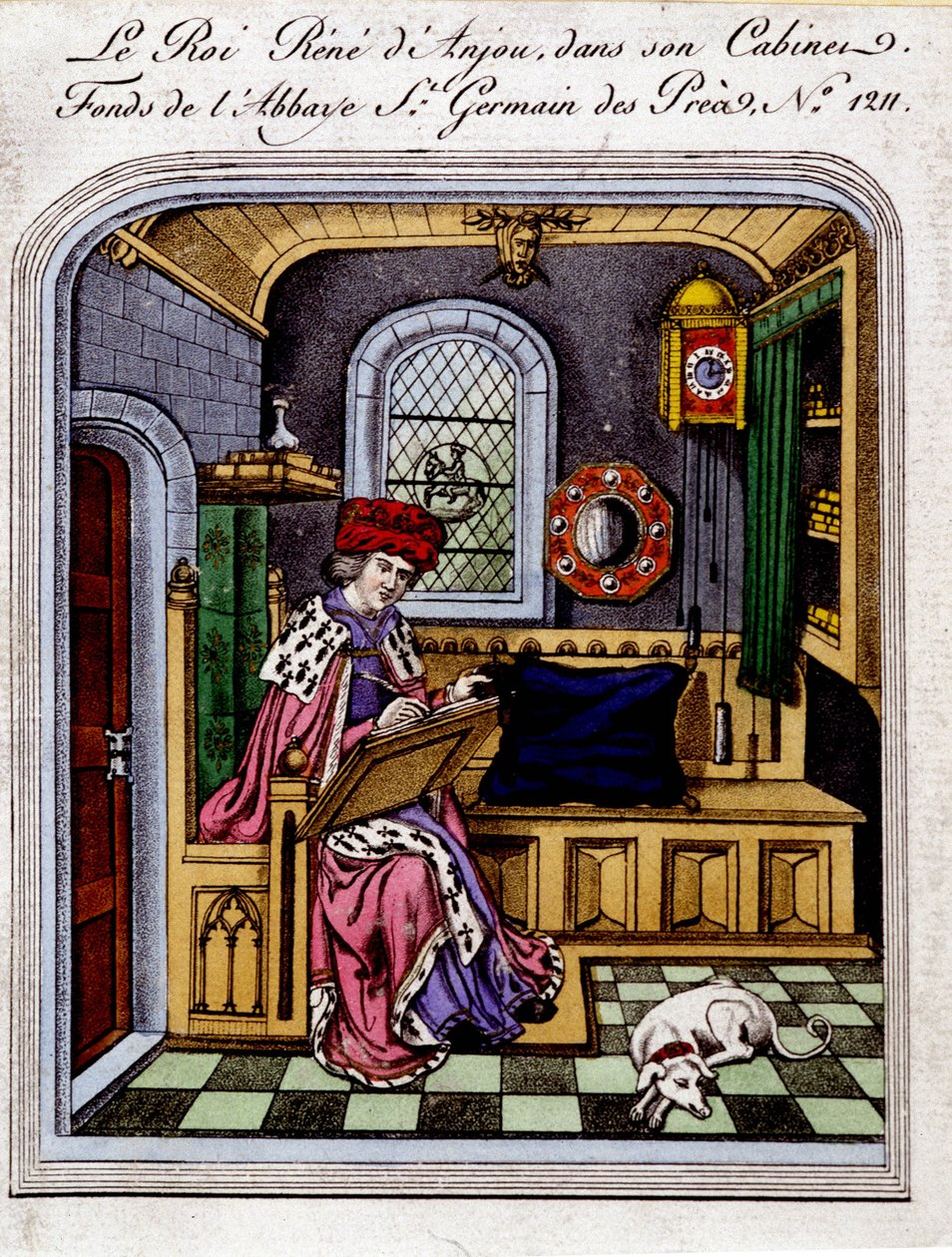 Portret króla Rene z Anjou (1409-1480)”” nazywa również Rene I z Neapolu lub Rene z Sycylii, w swoim gabinecie - grawerowanie po miniaturze autorstwa Unknown artist