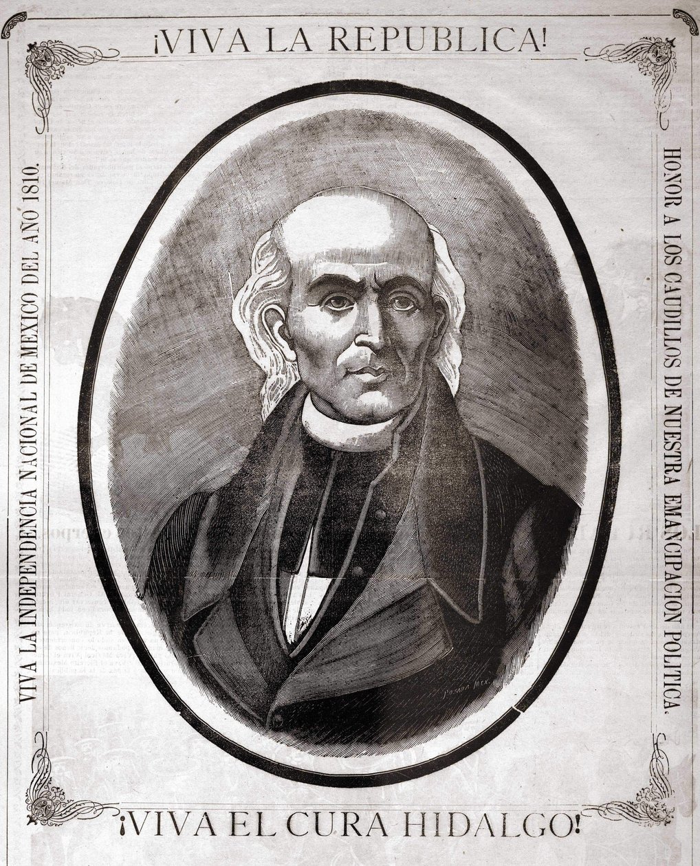 Portret Miguela Hidalgo y Costilli (1753 - 1811), księdza meksykańskiego (w 1810 proklamował niepodległość swojego kraju). Grawer wykonany na jego cześć pod koniec XIX wieku. autorstwa Unknown artist