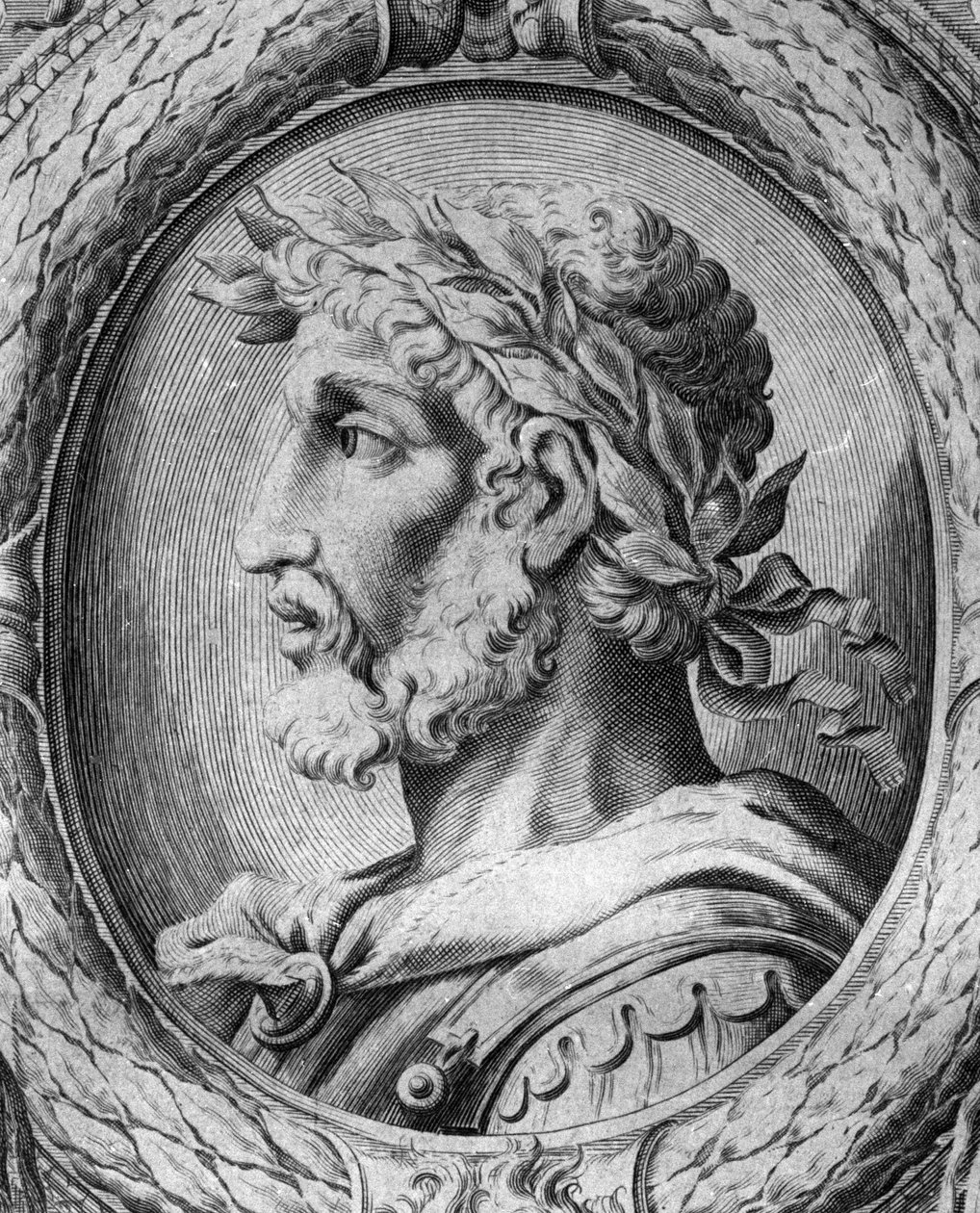Portret Odoacre (Odovacar), przywódca sprzymierzonych z Hunami Heruli i minister Attyli (435-493). Rycina z XVIII wieku. autorstwa Unknown artist
