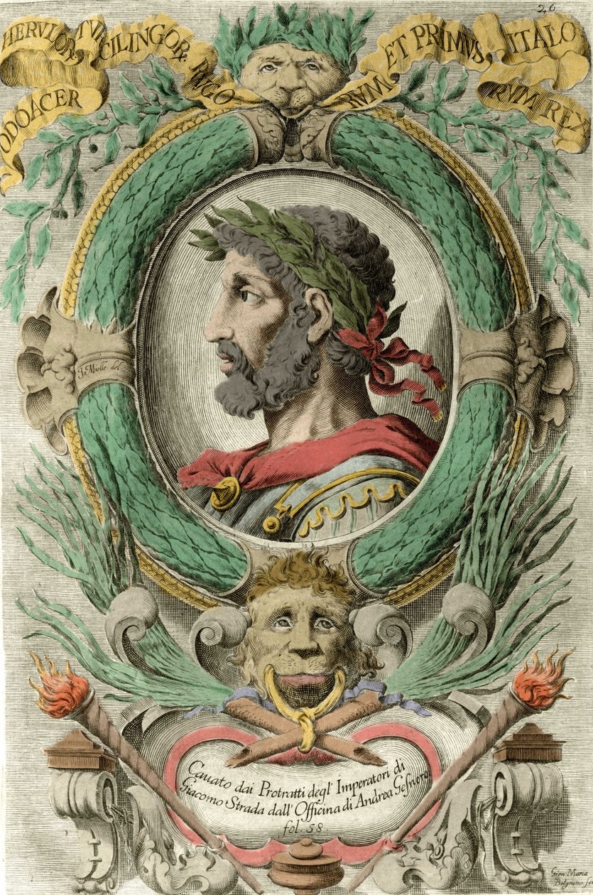Portret Odoakrów (Odovacar), przywódcy sprzymierzonych z Hunami Heruli i ministra Attyli (435–493). Rycina z XVIII wieku. autorstwa Unknown artist