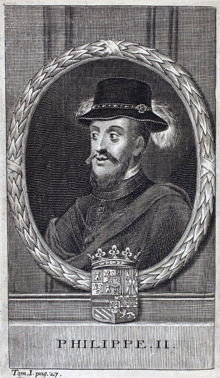 Portret Filipa II Hiszpańskiego (Felipe) (1527-1598), króla Hiszpanii i Portugalii. Grawerowanie ilustrujące „Historię wojny o Flandrię” Flamianusa Strady, wydanie Joseph T