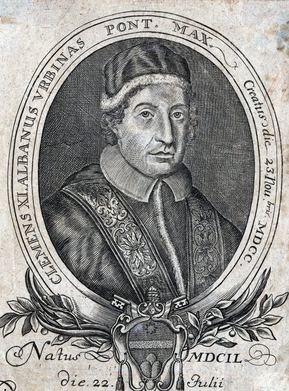 Portret papieża Klemensa XI (Gianfrancesco Albani) (1649 - 1721), 241. papieża. Grawerowanie z XVIII wieku autorstwa Unknown artist