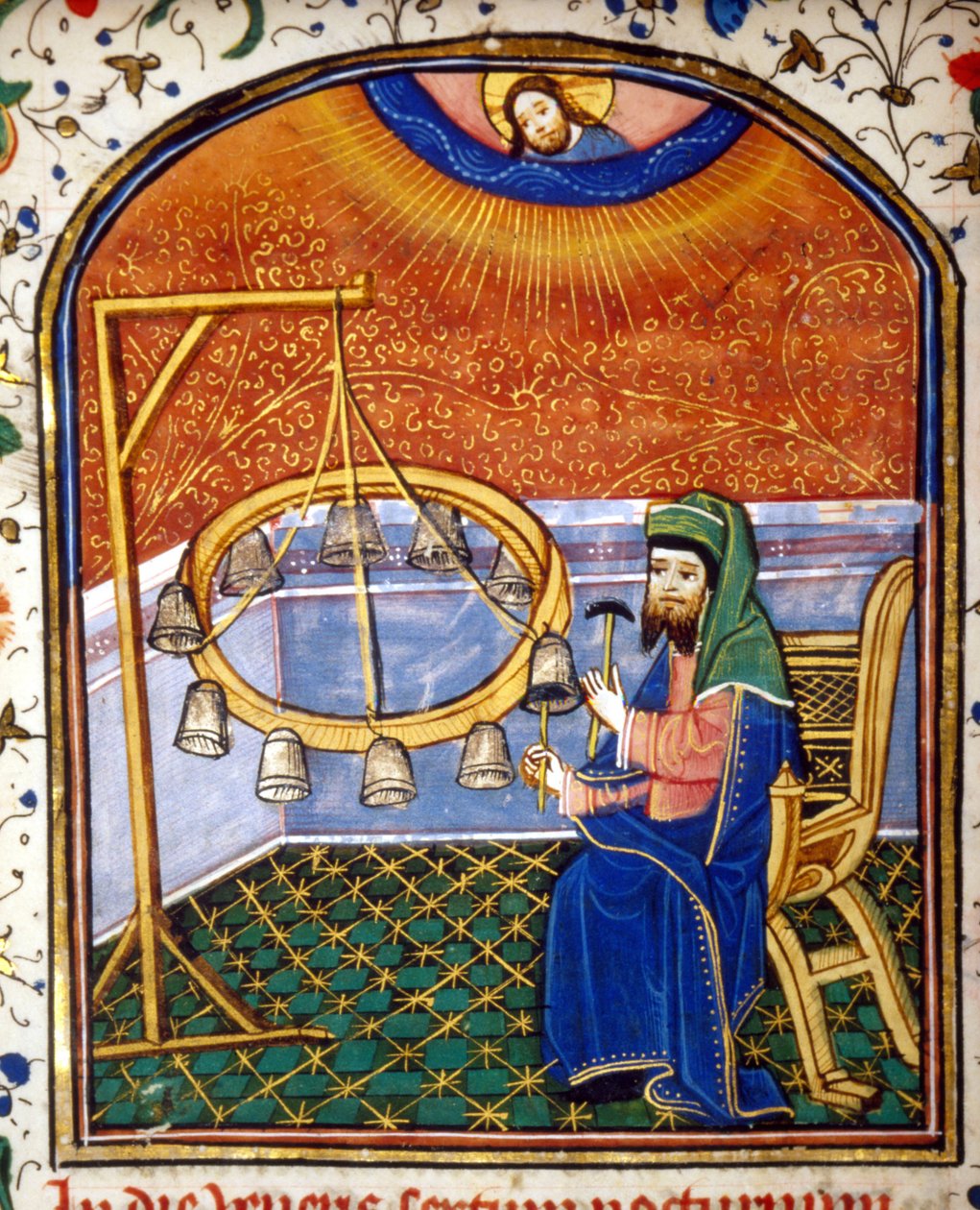 Portret Pitagorasa (ok. 570 - ok. 480 pne), greckiego matematyka i filozofa, grającego na instrumencie perkusyjnym (dzwony), miniatura z XV wieku. autorstwa Unknown artist