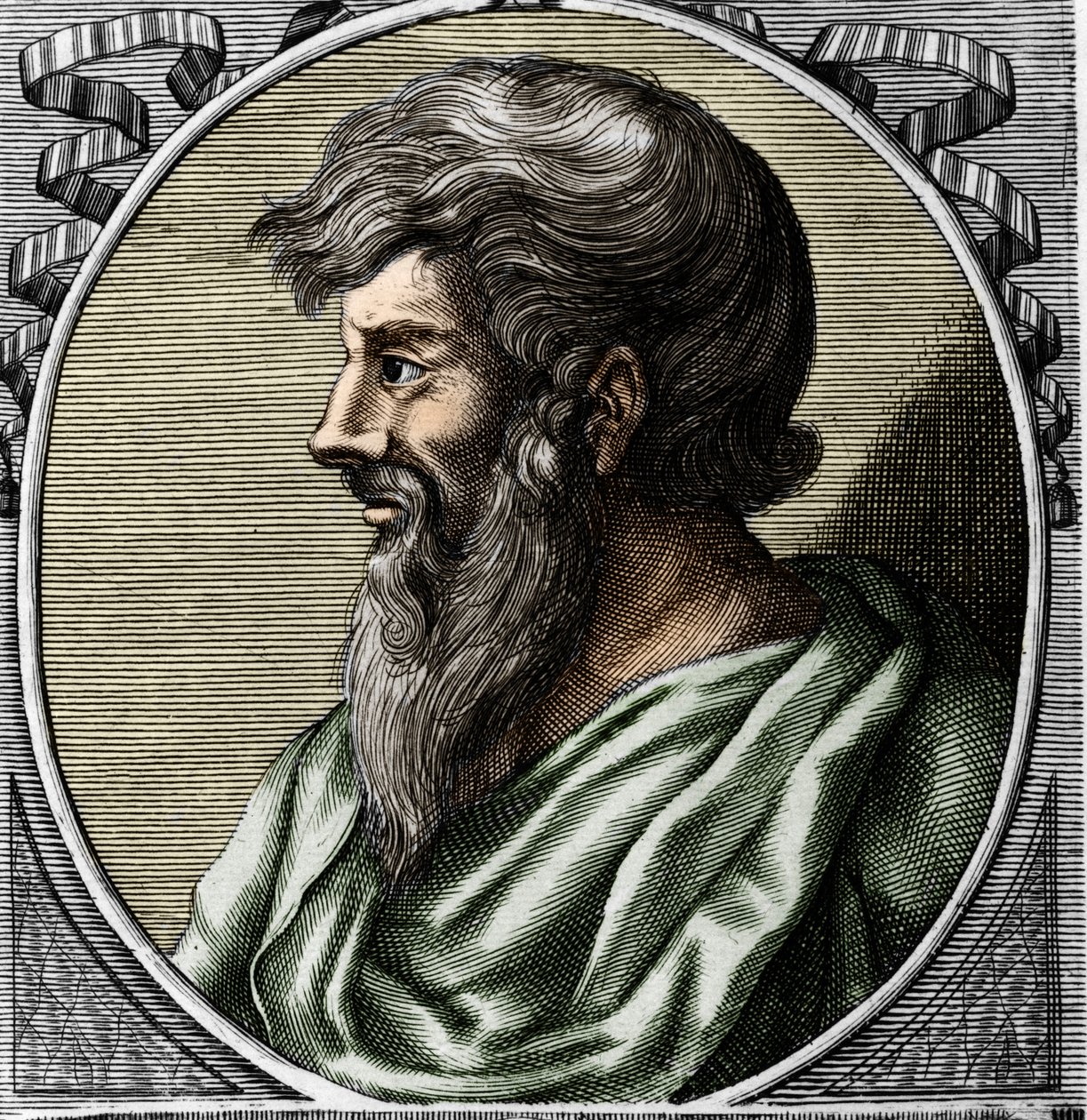 Portret Pitagorasa (ok. 570 - ok. 480 pne), greckiego matematyka i filozofa. Grawerowanie XVIII wieku autorstwa Unknown artist