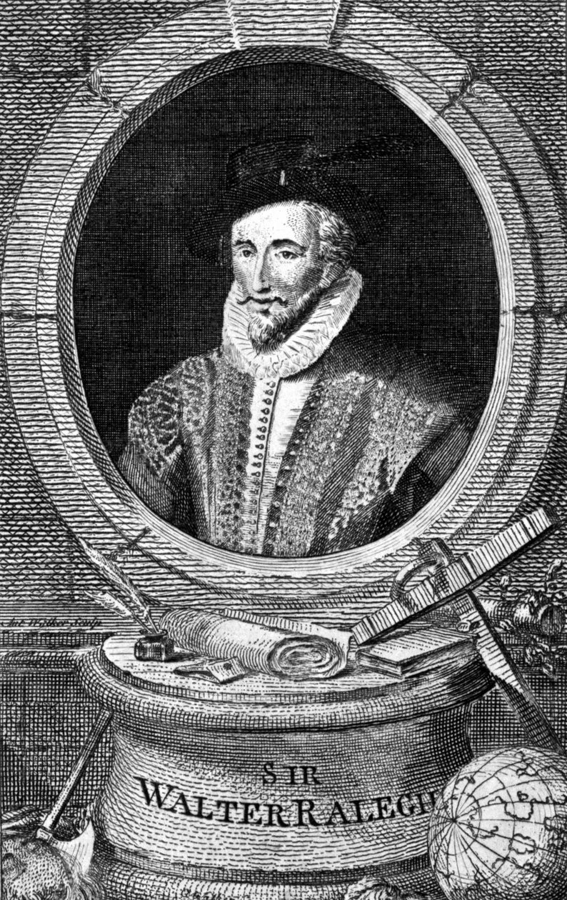 Portret Sir Waltera Raleigha (1554 - 1618), angielskiego dworskiego nawigatora i pisarza. Rycina z XVIII wieku. autorstwa Unknown artist