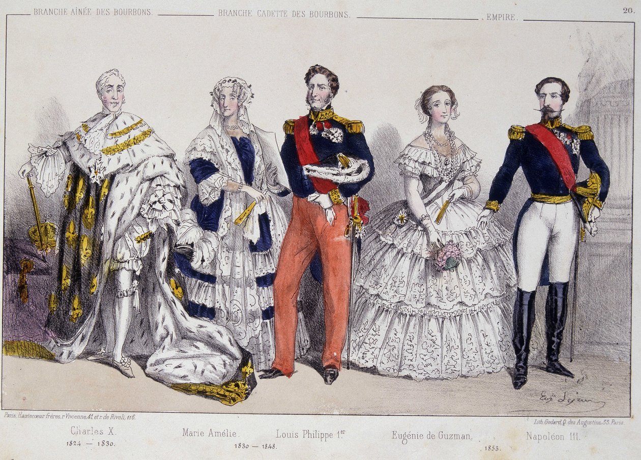 Portret Burbonów. Od lewej do prawej: Karol X (1757-1836), Marie Amelie (1782-1866), Ludwik Filip I (1773-1850), Eugenia de Guzman (1826-1920) i Napoleon III (1808-1873). autorstwa Unknown artist