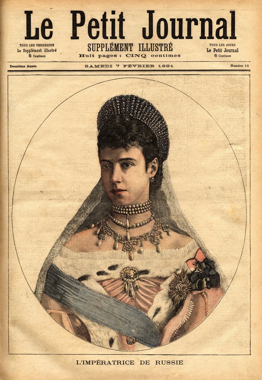 Portret duńskiej księżniczki Marii Sophie Dagmar (1847-1928), która wyszła za mąż pod imieniem Marii Fiodorowna (lub Fiodorowna lub Fiodorowna), w 1866 roku, Aleksandra Aleksandrowicza Romanowa (1845-1894) lub Aleksandra III cesarza (cara) Rosja. Grawerowa autorstwa Unknown artist