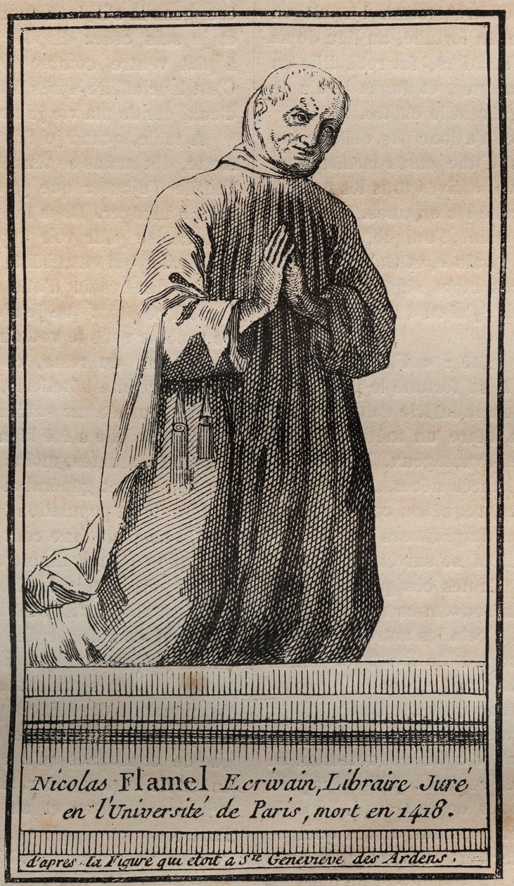 Portret francuskiego alchemika Nicolasa Flamela (1330-1418) - Grawerowanie - Portret angielskiego alchemika Nicolasa Flamela - Grawerowanie Kolekcja prywatna autorstwa Unknown artist