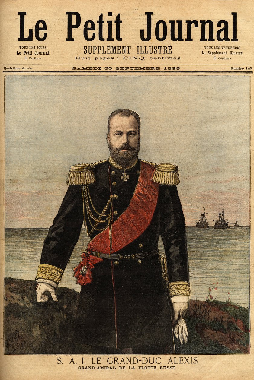 Portret wielkiego admirała floty rosyjskiej, sprzymierzonego z Francją, wielkiego księcia Aleksandrowicza Romanowa (1850-1908), syna cara Aleksandra II (1818-1881). Grawerowanie w „Le petit journal”” 30.09.1893. Kolekcja Selvy. autorstwa Unknown artist