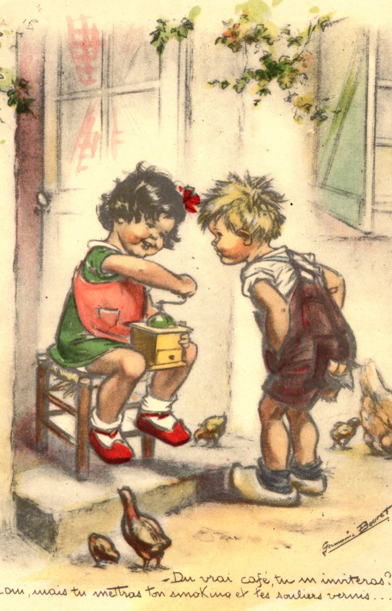 Pocztówka, kicz, dwoje dzieci z młynkiem do kawy, dziewczynka i chłopiec autorstwa Unknown artist