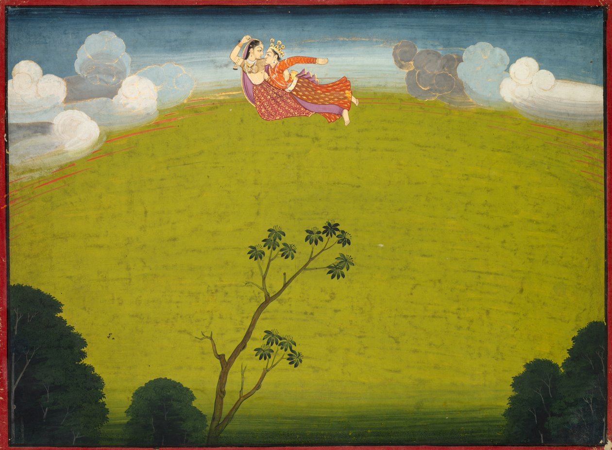 Pradyumna i Mayavati lecą do Dwarki, z Wielkiej Basohli Bhagavata Purana autorstwa Unknown artist