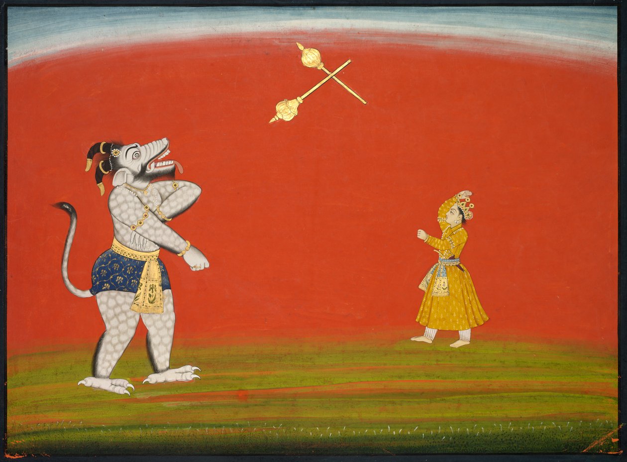 Pradyumna i Samvara Walka z Maxem: Liść z „Wielkiej Basohli Bhagavata Purany” autorstwa Unknown artist