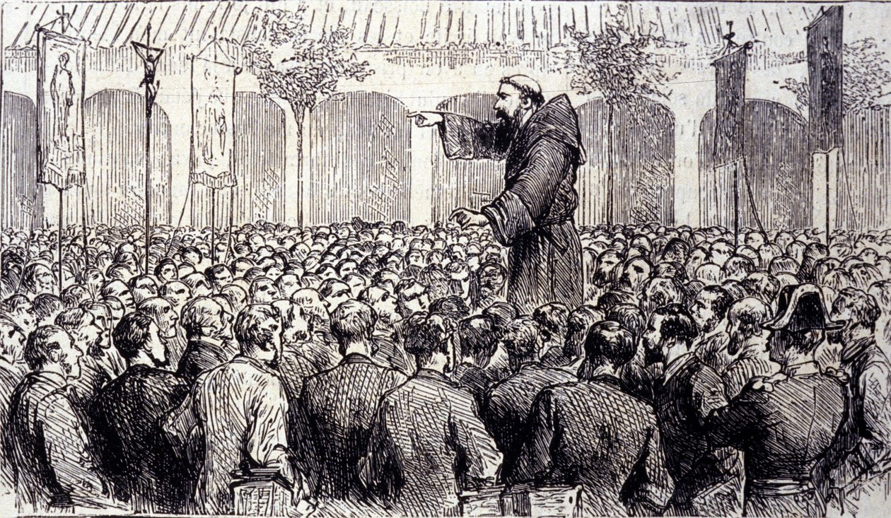 Poświęcenie mnicha kapucyńskiego dla pelerinów, którzy przybyli do Lourdes w Wysokich Pirenejach, gdzie Matka Boża objawiła się Bernadecie Soubirous (1844-1879) w 1858 r., obecnym miejscu pielgrzymek. Grawerowanie od 1877 autorstwa Unknown artist