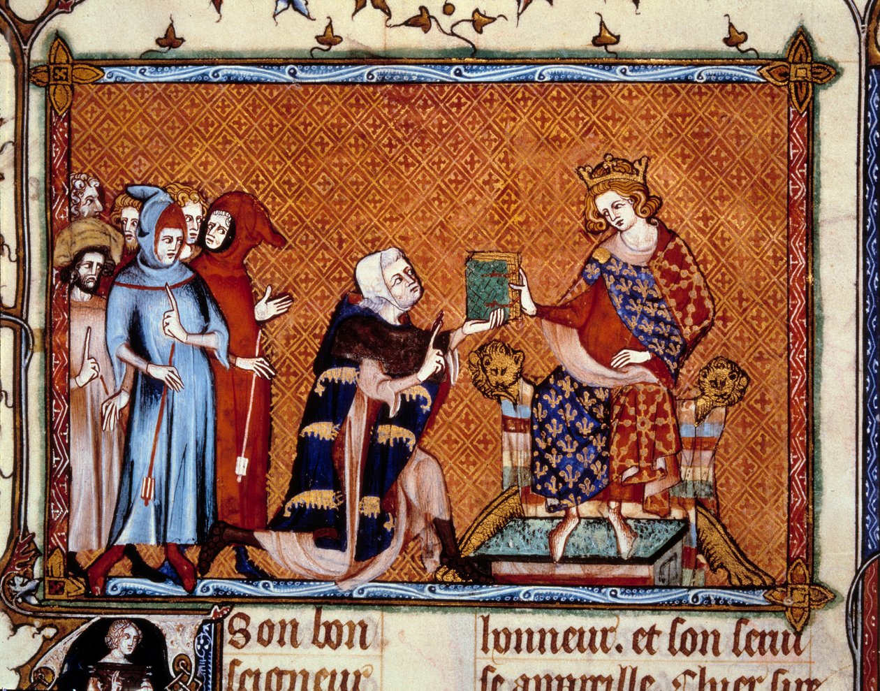 Prezentacja książki: Jean de Joinville (1224-1317) ofiarowuje swoją książkę Ludwikowi, królowi Nawarry, przyszłemu Ludwikowi X hutinowi. Miniatura w „”Vie de Saint Louis”” autorstwa Unknown artist