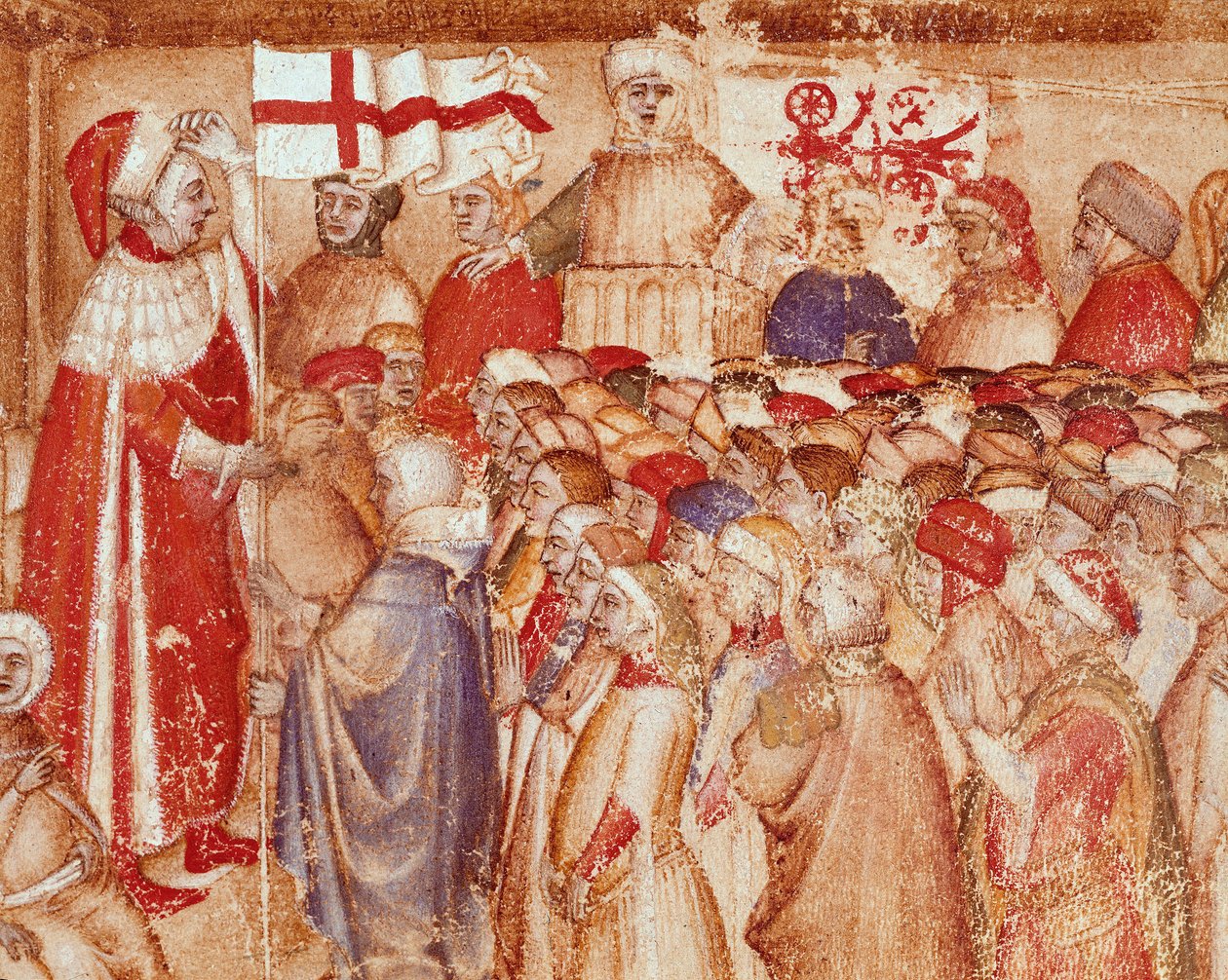 Wręczenie flagi wojskowej księciu rodu Carraresi, panom miasta Padwa Miniatura z „Chronica Carrariensibus” (Kroniki rodziny Carraresi) XIV-wieczna Biblioteca Capitolare, Padwa autorstwa Unknown artist