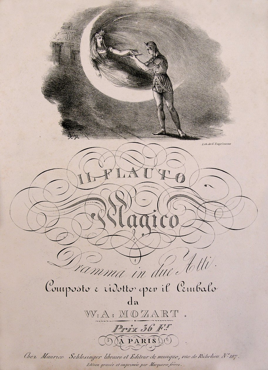 Książę Tamino otrzymuje zaczarowany flet Królowej Nocy, ilustrację na okładce księgi działowej „Zaczarowany flet” (Die Zauberflote) (1791) W.A. Mozarta (1756-1792). Kolekcja Leonarda de Selva. autorstwa Unknown artist