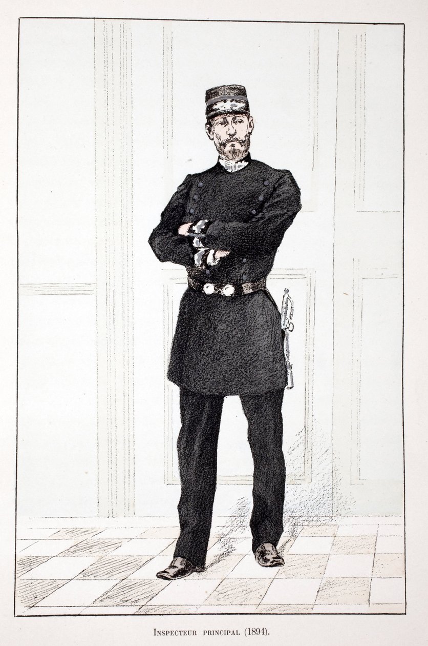 Główny Inspektor (1894). Akwaforta w kolorach, dla ilustracji „Historia korpusu sił pokojowych””” książka wydana pod auspicjami Louisa Lepine’a (1846-1933) prefekta policji nad Sekwaną, autorstwa Alfreda Reya (1864-?) i Louisa Ferona (1862) -?) autorstwa Unknown artist