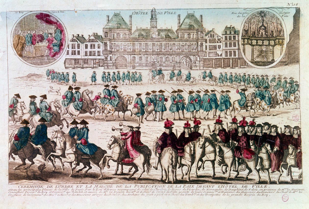 Procesja z okazji Ceremonii Publikacji Pokoju przed Ratuszem (Place de Greve). Rycina XVIII wieku B.N. Paryż autorstwa Unknown artist