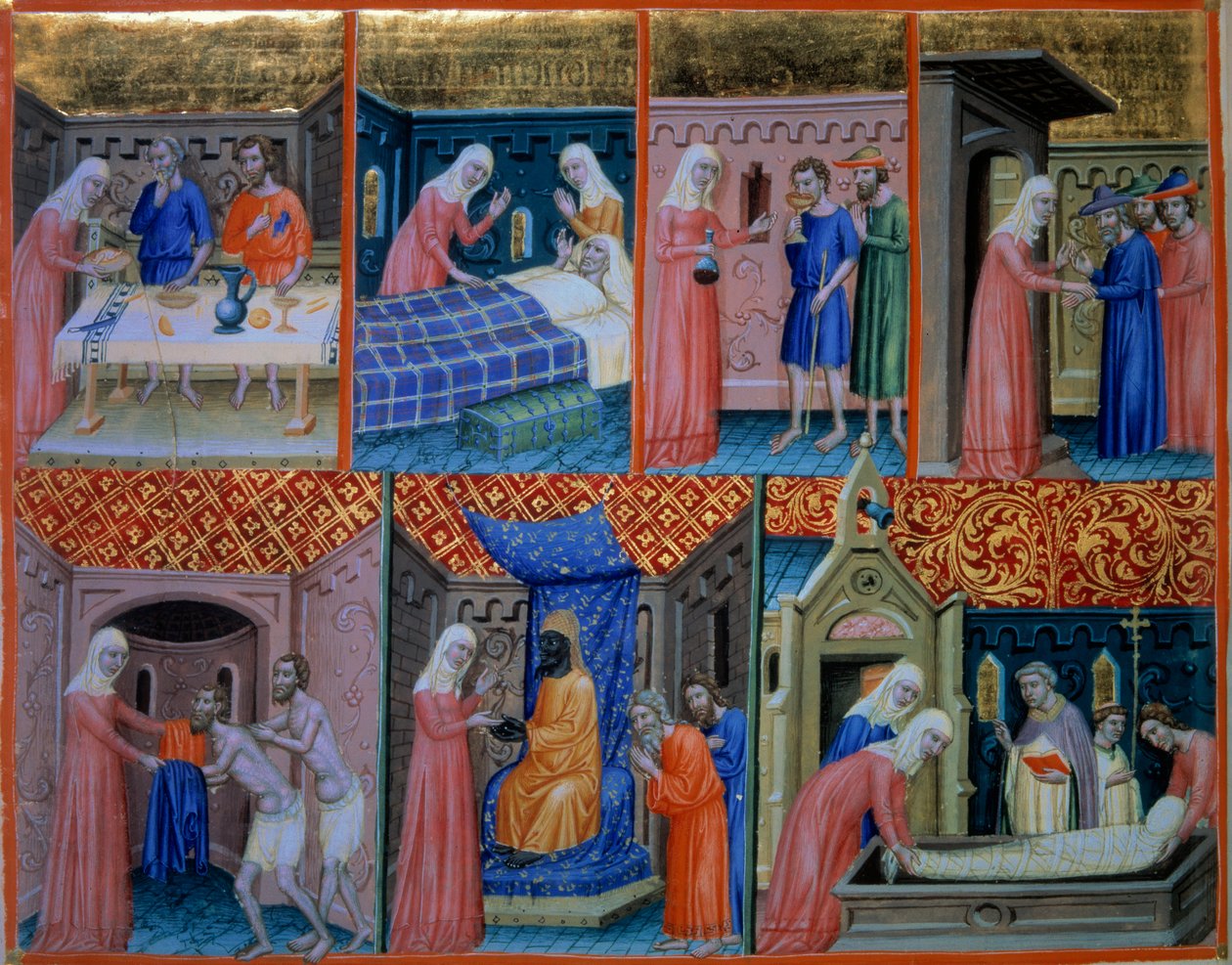 Psalm 88: Miłość. Kobieta obsługująca przy stole dwoje biednych, odwiedza chorego, pije dwóch więźniów, wita podróżnych, daje ubrania, kupuje jeńców i grzebie zmarłego. Miniatura w „Psałterzu Canterbury” (f.156v), v.1200-1250. BN, autorstwa Unknown artist